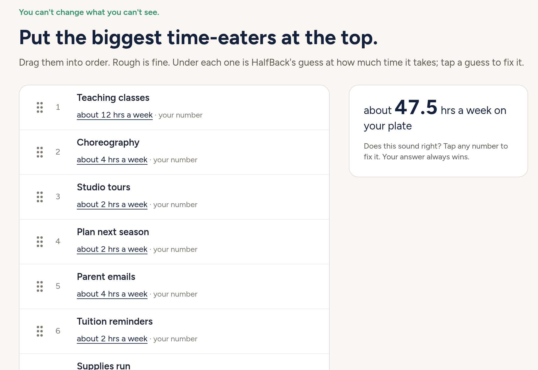 HalfBack app: a sample week of tasks ranked by time, with weekly hours for each