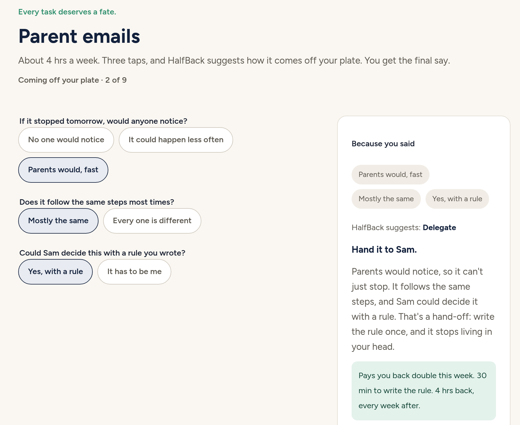 HalfBack app: suggesting Delegate for a sample task