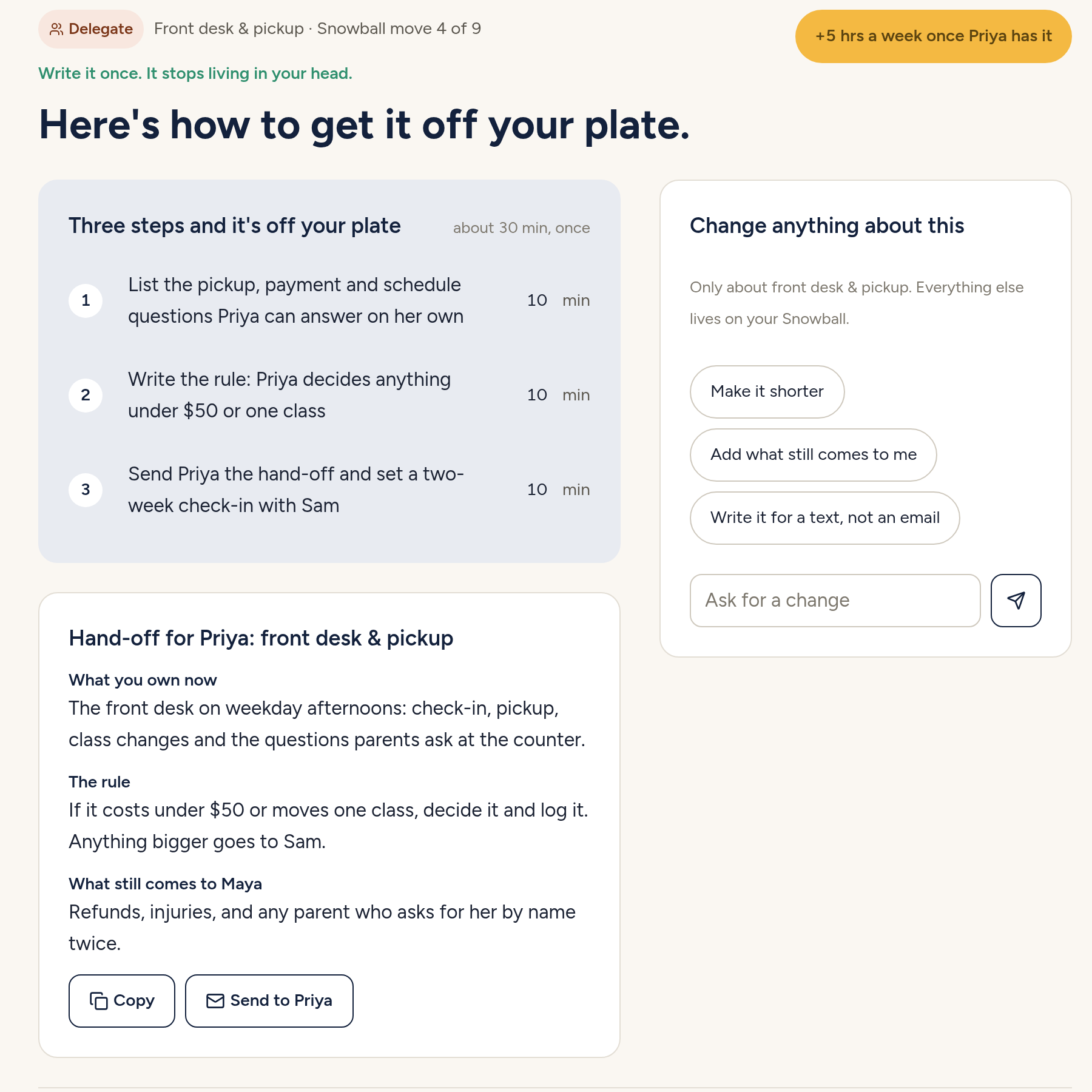 HalfBack app: a drafted hand-off with three steps