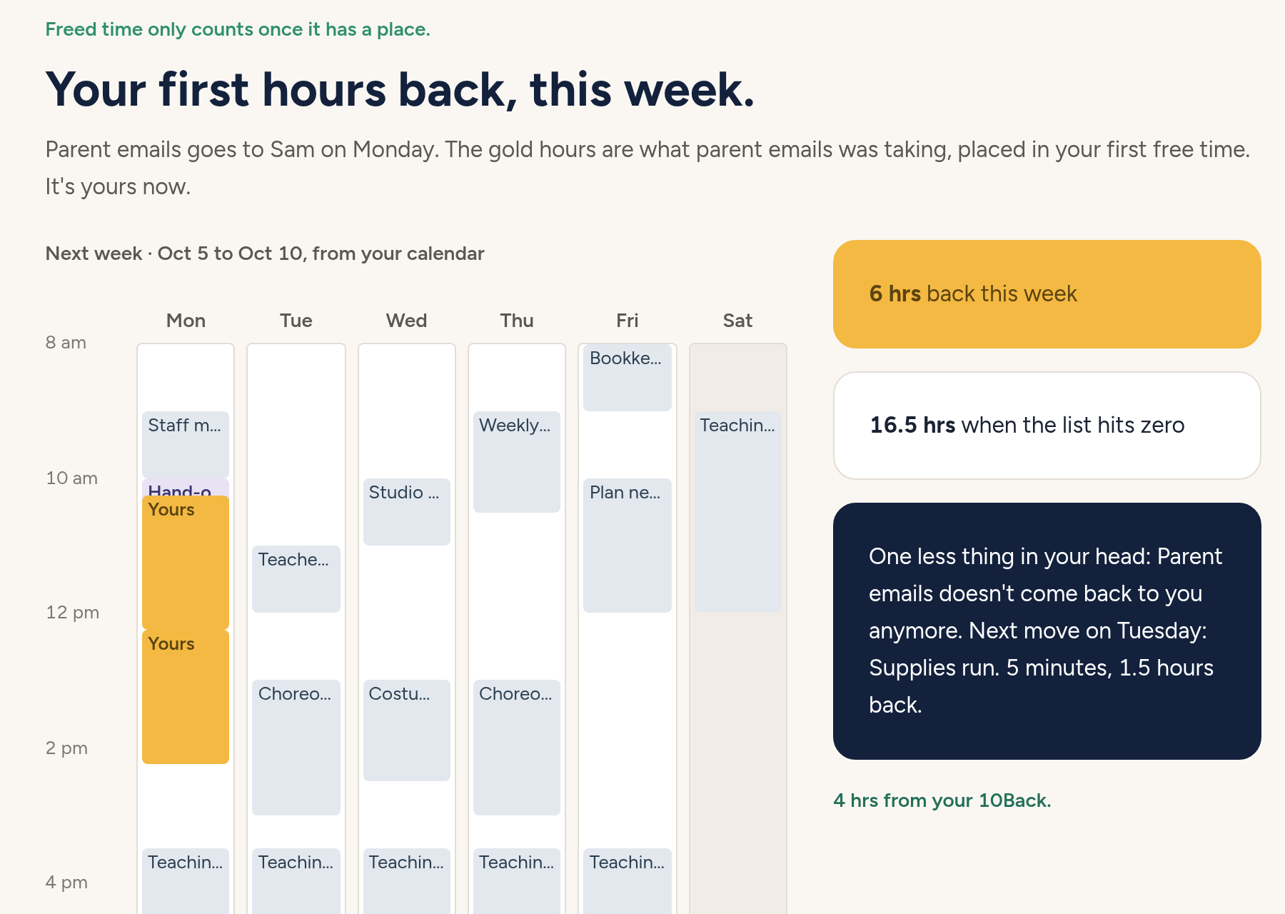 HalfBack app: freed hours placed on next week's calendar